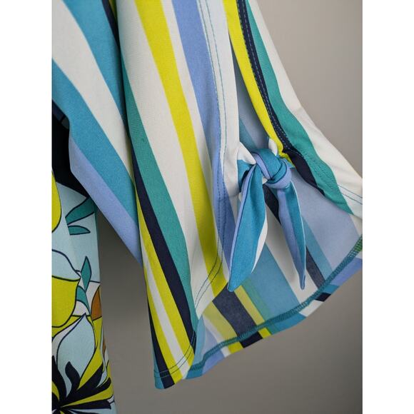 Susan Graver 3/4 length tie sleeve liquid knit shirt blue green geometric - Picture 5 of 6